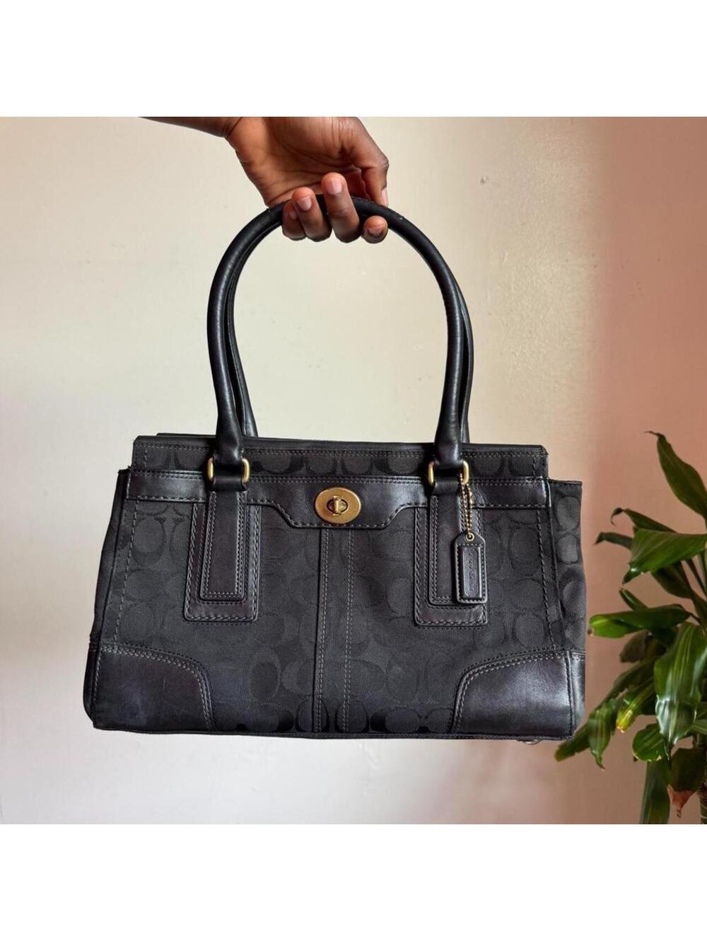 Coach Black Signature Jacquard Hamptons Satchel Tote shoulder bag